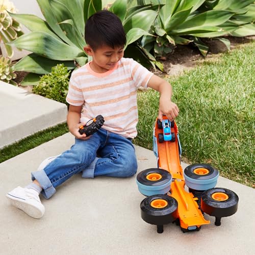Hot Wheels Monster Trucks RC Toy, Remote-Control Transforming Rhinomite in 1:12 Scale & 1:64 Scale Race Ace, Converts into Launcher, Connects to Track - style: Rhinomite
