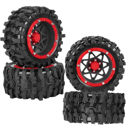 1/16 RC Wheels and Tires 4PCS, RCHuiWow 12mm Hex Plastic Rim Tires Set for 1/16 M-J-X16207-210,H-B-X16889-890,S-C-Y16101-106,Summit E-Revo Gorgon Grom,Mini Kraton 3S RC Truck Upgrades,Black&Red - color: Black&red(4pcs)