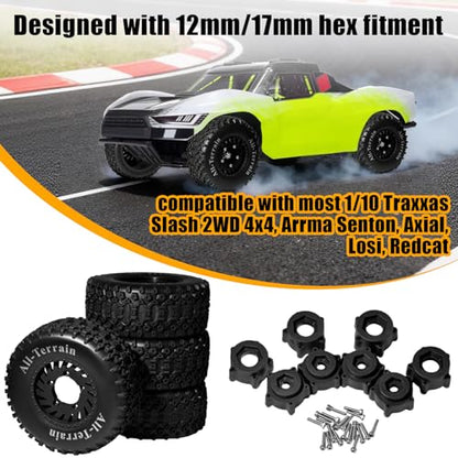 1/10 RC Short Course Truck Wheel Tires Set- 12mm/17mm Hex, Black | All-Terrain Tires and Nylon Wheels Compatible with 1/10 Traxxas Slash 4WD 2WD Arrma Senton Axial Losi Redcat RC Buggy, 4-Pack - color: Black