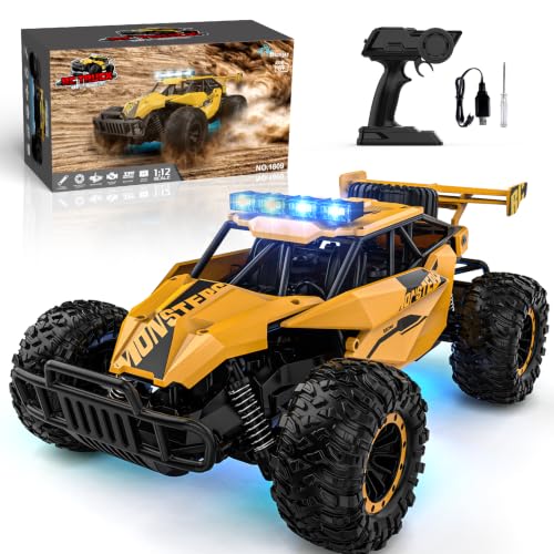 BLUEJAY Remote Control Car, 2.4GHz High Speed 33KM/H RC Cars Toys | 1:12 Monster RC Truck Off Road with LED Headlight and Rechargeable Battery Gifts for Adults Boys 8-12 - color: Matt Yellow