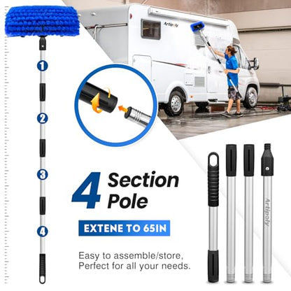 ARTIPOLY 65'' Five-Sided Car Wash Brush with Long Handle, Scratch-Free Car Cleaning Kit with Soft Wash Brush, Tire Brush, Window Squeegee, Car Wash Mitt, Microfiber Cleaning Head & Extension Pole - size: 65"