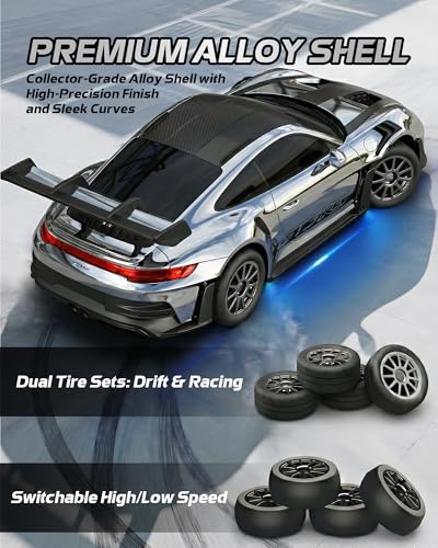 ARRIS 1/43 911 RC Drift Car 4WD with Gyro Full Proportional RTR | Alloy Body, 20KM/H Speed, Extra Drift Tires, Silent Bearings, LED Lighting - color: Silver-911