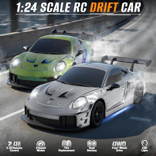 RC Drift Car, 1:24 4WD Remote Control Cars Vehicle with LED Light,2.4GHz 20KM/H High Speed RC Cars with Two Batteries & Drifting Tires Racing Sport Toy for Adults Boys Girls Kids Silve - color: Silver