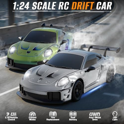 RC Drift Car, 1:24 4WD Remote Control Cars Vehicle with LED Light,2.4GHz 20KM/H High Speed RC Cars with Two Batteries & Drifting Tires Racing Sport Toy for Adults Boys Girls Kids Silve - color: Silver