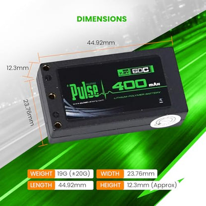 Helidirect Pulse 400mah 2S 7.6V 60C LiHV Hardcase Battery with XT-60 Plug Used for Mini Z, XBility 1, Drift, Micro B, Micro, Hobbyplus 1/24 Racing & Drift - Remote Control Car, RC Car Battery