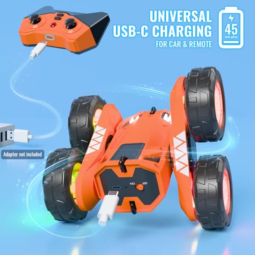 MaxTronic Fast Direct Charging Remote Control Car with LED，Exclusive Dual USB-C Charging for Car & Controller - 2.4Ghz 15km/h 360° Flips Rotations 4WD RC Stunt Car Fully Rechargeable for Kids 3-12 - color: Orange