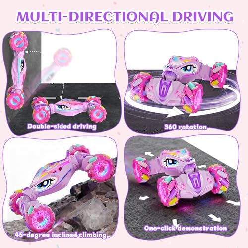 Unicorn Remote Control Car for Girls Age 6-8-12, Pink RC Gesture Sensing Stunt Cars, 2.4Ghz 4WD RC Cars Hand Controlled Remote Control Twist Car with Light & Music, Gift for Kids Age 6 7 8 9 10 11 12+