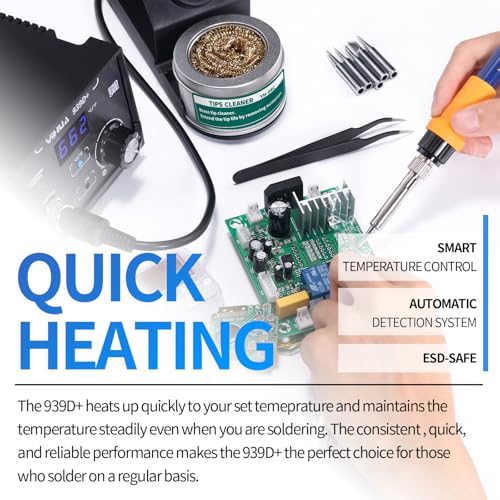 YIHUA 939D+ Digital Soldering Station, 75W Equivalent with Precision Heat Control (392°F to 896°F) and Built-in Transformer. ESD Safe, Lead Free with °C/°F display (Black) - color: Black