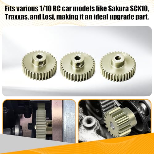 3PCS 48P Pinion Gear Set 7075 Aluminum Alloy 3.175mm Shaft 34T 35T 36T with Screws & Hex for 1/10 RC Arrma Traxxas HPI Sakura Losi Axial SCX10 Tamiya Monster Truck Buggy Motor Gears Upgrade - size: 34 35 36T