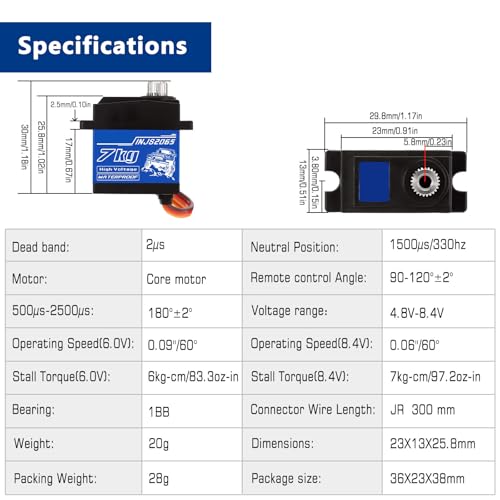 2-Pack 7KG Sub-Micro Digital Servo, Waterproof, 180° | 180-degree control angle, 7.0kg-cm torque at 8.4V, IP66, for Traxxas TRX4, TRX6, Axial SCX10 II