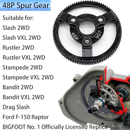 RC 48P 90T Spur Gear Hardened Steel Spur Gear Upgrades Part for Traxxas 1/10 Slash Stampede Rustler Bandit 2WD VXL XL-5 F-150 SVT, (90T) - size: 48P-Spur Gear-90T