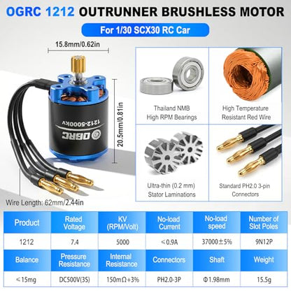 OGRC 25A Brushless ESC & 1212 Sensorless Outrunner Motor Combo for SCX30 | 5000KV Brushless Motor, Supports 2S LiPo Battery, Built-in BEC, for Axial 1/30 RC Crawler Car
