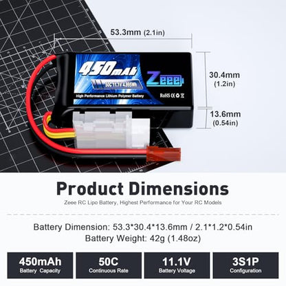 Zeee 3S 450mAh Lipo Battery 11.1V 50C RC Battery with JST Plug for FPV Drone Quadcopter UAV Racing Helicopter Airplane RC Boat RC Car RC Models(4 Pack)