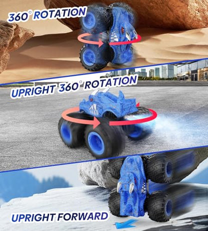 BAODLON Remote Control Monster Car, 2.4GHz RC Monster Trucks Toys for 3 4 5 6 7 8 Years Old Boys Kids, All Terrain RC Truck Off Road with Spray, Light, Rechargeable Battery, Christmas Birthday Gifts - style: Dinosaur-blue