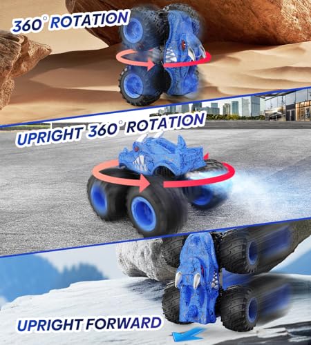 BAODLON Remote Control Monster Car, 2.4GHz RC Monster Trucks Toys for 3 4 5 6 7 8 Years Old Boys Kids, All Terrain RC Truck Off Road with Spray, Light, Rechargeable Battery, Christmas Birthday Gifts - style: Dinosaur-blue