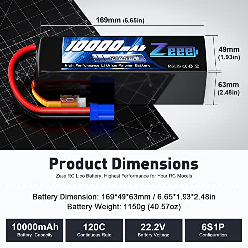 Zeee 6S Lipo Battery 10000mAh 22.2V 120C Soft Pack RC Battery EC5 Connector with Metal Plates for RC Car Truck Desert Racer RC Tank RC Hobbies(2 Pack)