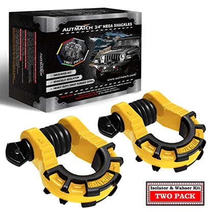 AUTMATCH D Ring Shackles 3/4" Mega Shackle (2 Pack) 68,000Ibs Break Strength - Heavy Duty Clevis Shackles with 7/8" Screw Pin and Isolator Washer for Tow Strap Winch Off Road Vehicle Recovery, Yellow - color: Yellow & Black