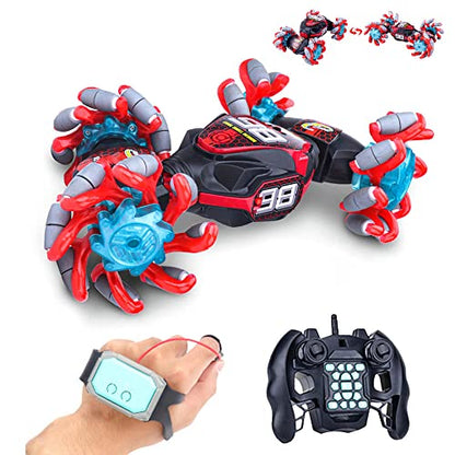 GoolRC Gesture Sensing RC Stunt Car, 4WD 2.4GHz Remote Control Car, Transformer Toy Cars with LED Lights, Double Sided Driving, 360?Rotating and Explosive Wheel for Adults (Red) - color: Red