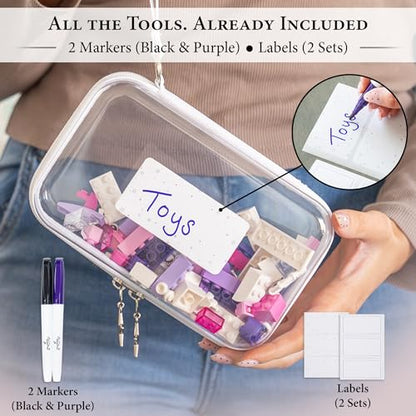 Clear Hard Shell Zipper Case Set (3 Large), 120s Thick PET Plastic, Dual Zippers with Star Charms, Removable Straps, Removable Labels with 2 Markers for Travel, Storage & Organization - size: 3 Large