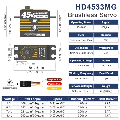HobbyPark 45kg RC Servo High Torque Waterproof RC Steering Servo Metal Gear Digital Servos Stainless Steel Gears Aluminum Case for 1/7 1/8 1/10 RC Crawler Car Truck Buggy HV (Brushless Motor)