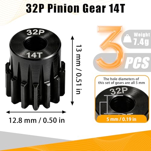 32P 14T RC Car Gear Set | 45# Steel Black Oxide | 5mm Bore +0.03mm | Precision Engineered Motor Pinion Gear Compatible with Traxxas/ARRMA/HPI/Kyosho (3-Pack with M4 Set Screws) - style: 3Pcs 14T