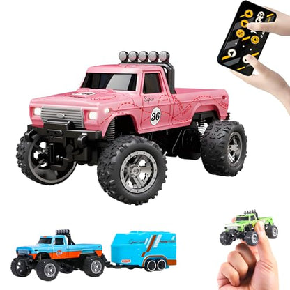 Mini Monster Truck, 1:64 Scale Remote Control Car with Lights, 2.4GHz Off-Road RC Truck, USB Rechargeable RC Car with Adjustable Speed for Kids Indoor & Outdoor Racing (Pink) - color: Pink