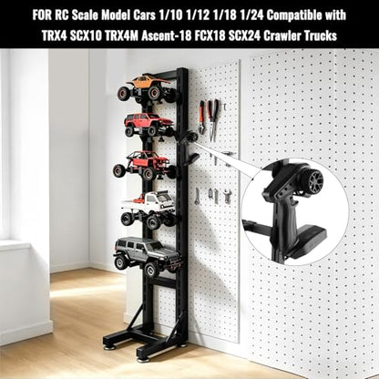 Multilayer Storage Rack Shelf Display Stand for RC Model Cars | Quick assembly, multi-scale fits for 1/10-1/24 TRX4 SCX10 TRX4M SCX24, expandable side holes for hanging RC tools - size: 7.87" x 9.45" x 45.8"