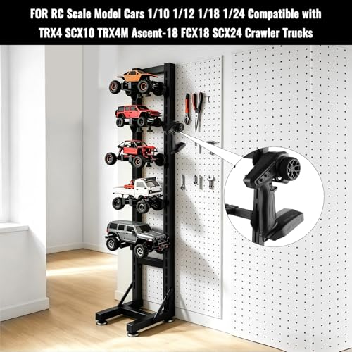 Multilayer Storage Rack Shelf Display Stand for RC Model Cars | Quick assembly, multi-scale fits for 1/10-1/24 TRX4 SCX10 TRX4M SCX24, expandable side holes for hanging RC tools - size: 7.87" x 9.45" x 45.8"