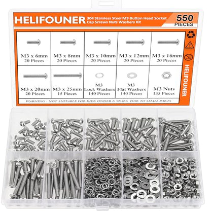 HELIFOUNER 550 Pieces M3 x 6mm /8mm /10mm /12mm /16mm /20mm /25mm, Button Head Socket Cap Screws Bolts Washers Nuts Kit, 304 Stainless Steel - size: 550 Pieces M3 Screw Kit