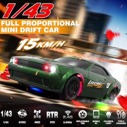1/43 RC Drift Car, Mini Drifting RC Car with Gyro 2.4GHz Full Proportional Drift Cars 4WD RTR Remote Control Cars with Colorful Lights Gyroscope Fast Racing Vehicle Gift for Kids Boys Adults - color: Green
