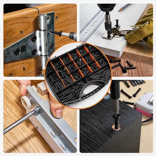 Dianrui 1050PCS Black Wood Screws Assortment Kit, Assorted 304 Stainless Steel Screws M3/M4/M5/M6, ‌Phillips Drive Sheet Metal Self Tapping Screw Set Marine Grade (Pan & Flat Screw) Length 1/4" to 2" - size: 1050PCS-BK