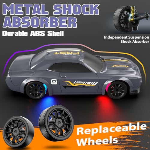 1/43 RC Drift Car, Mini Drifting RC Car with Gyro 2.4GHz Full Proportional Drift Cars 4WD RTR Remote Control Cars with Colorful Lights High Speed Fast Racing Vehicle Gift for Kids Boys Adults - color: Silver