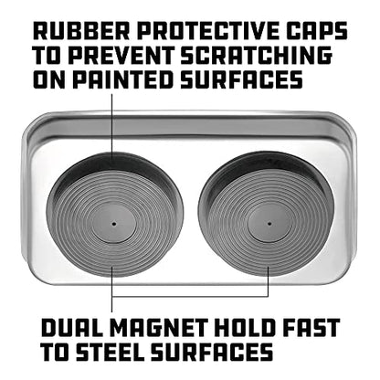 Powerbuilt Magnetic Parts Tray, 5-1/2 Inch x 9-1/2 Inch – Polished Stainless Steel Magnetic Tool Tray with Dual Rubber-Coated Heavy-Duty Magnets for Holding Small Parts – 648357