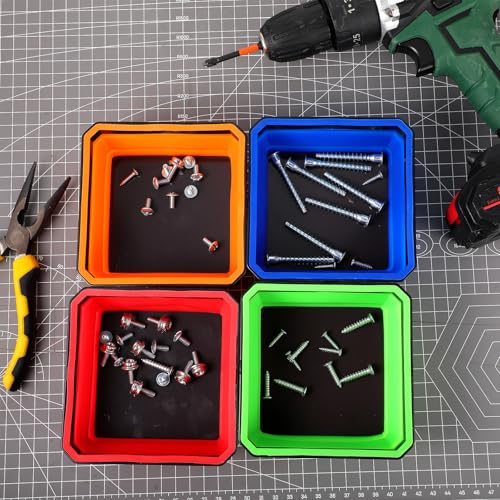 4 Pcs Foldable Magnetic Parts Tray, 4.25 Inch Square Foldable Silicone Tool Organizer with Dual-Sided Magnetic Base, for Screws, Bolts, Nuts, and Small Metal Parts Storage In 4 Colors