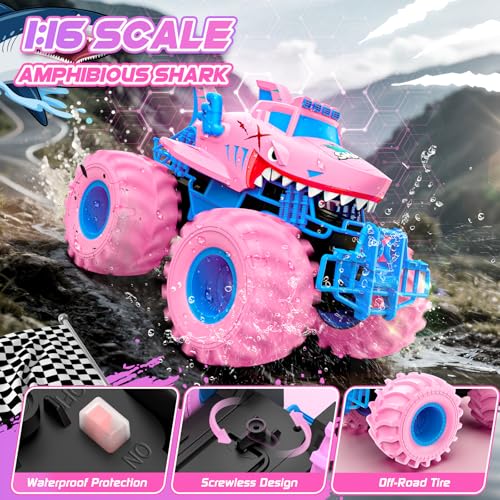 Waterproof Shark Remote Control Car, 1:16 Amphibious RC Cars 4WD All Terrain Off Road Monster Trucks Toys, RC Truck Pool Toys for Kids 3-5 6-8 8-12 Year Old Girl Birthday Gift, Pink - color: Pink
