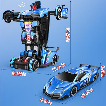 Holyton 1:10 Transforming RC Car, Large Remote Control Car | One-Button Transform to Robot, 2.4GHz Remote Control, Gesture Sensing, LED Lights, 80-Min Playtime, Gift for Kids Ages 5-12 - color: Blue