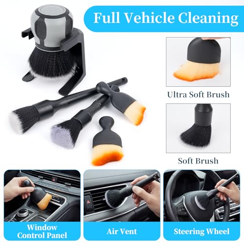 Supkiir 5 Pcs Car Detailing Brushes, Ultra Soft Bristles Dusting Brush with Storage Rack, Curveball XL Synthetic Brush Automotive Interior Dusting Brushes, Covers Large Area Inside or Outside Vehicles