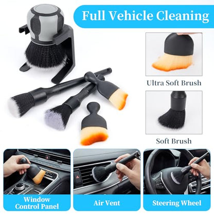 Supkiir 5 Pcs Car Detailing Brushes, Ultra Soft Bristles Dusting Brush with Storage Rack, Curveball XL Synthetic Brush Automotive Interior Dusting Brushes, Covers Large Area Inside or Outside Vehicles