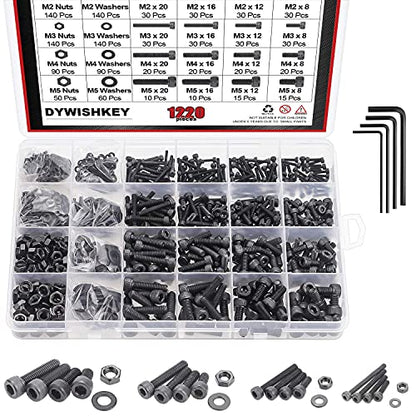 DYWISHKEY 1220 PCS M2 M3 M4 M5, 12.9 Grade Alloy Steel Hex Socket Head Cap Bolts Screws Nuts Washers Assortment Kit with Hex Wrenches - color: carbon black