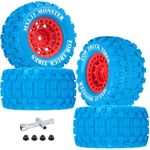 100 * 52MM 1/16 RC Monster Truck Tires 12mm Hex Adapters All-Terrain Traction Tires fit for Mini Maxx/Mini XRT, MJX 16207/16208/16209/16210,HSP 94186,E-Revo,L0S1,1/18 Mini LMT,Blue&Red - color: Blue&red(4pcs)