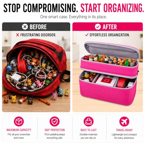 Carrying Case for Toniebox Gen 1 & 2, Holds 25+ Figures & Accessories | 2-layer top tray+deep bottom fit audio box, charging station & headphones; water-resistant with shock-absorbing EPE foam - color: Rosy Pink