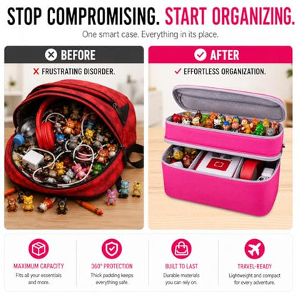 Carrying Case for Toniebox Gen 1 & 2, Holds 25+ Figures & Accessories | 2-layer top tray+deep bottom fit audio box, charging station & headphones; water-resistant with shock-absorbing EPE foam - color: Rosy Pink