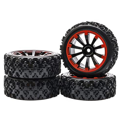 4PCS Tires and Wheels Sets for Various Remote-Controlled Cars - 1/10 1/14 Scale RC Crawler Car Upgrades - Black Red Rubber Beadlock Wheels & Rims with 12mm Hex - Enhanced Grip for Off-Road - color: Black & Red