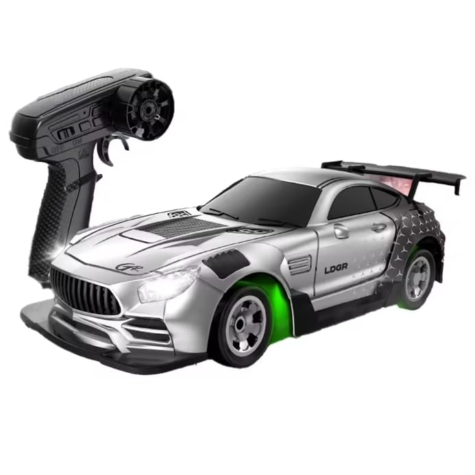 Mini RC Drift Car 1:64 Scale, Remote Control Car with LED Lights & 2-Speed Modes, Upgraded 2.4G Wireless Radio Remote Control for Multi-Users Race (Silver) - color: Gtr-gray