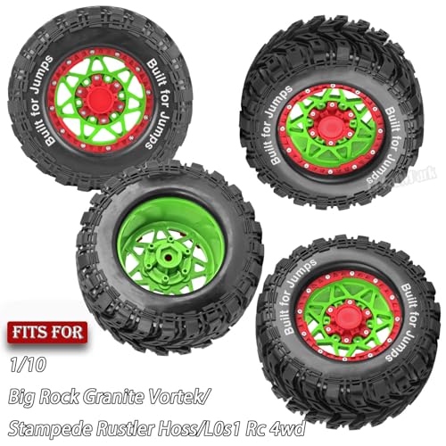 RC Truck Tires 12mm/14mm/17mm Hex RC Wheels and Tires for 1/10 Big Rock Granite Vortek/Stampede Rustler Hoss/L0s1 Rc 4wd,RC Monster Truck Car Wheel 4Pcs,Green Red - color: Green Red - (12mm/14mm/17mm Hex)