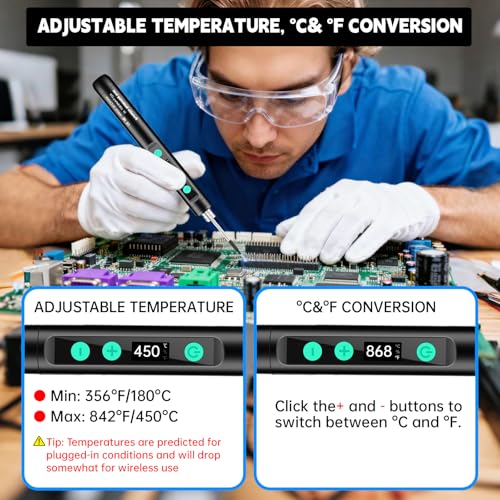 Portable Wireless Soldering Kit—Features a 1100mAh rechargeable USB-C soldering pen LCD screen for adjustable temperature settings. home appliance repairs and DIY projects. 8-second rapid heat-up.
