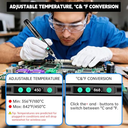 Portable Wireless Soldering Kit—Features a 1100mAh rechargeable USB-C soldering pen LCD screen for adjustable temperature settings. home appliance repairs and DIY projects. 8-second rapid heat-up.