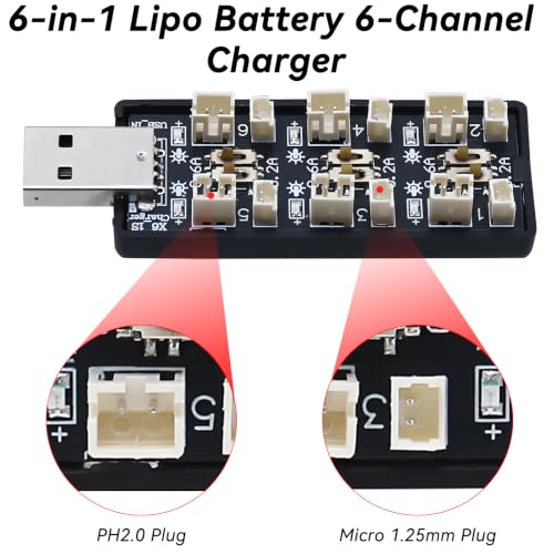 3.7V/4.2V Lipo Battery Charger - 1S Lipo 6 Channel LiHV JST Charger with USB and Micro JST 1.25 JST-PH 2.0mm Plug for Tiny Whoop Blade Inductrix FPV E013 E010 JJRC H67 H36
