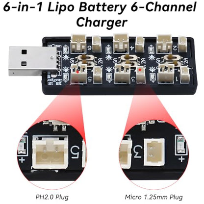 3.7V/4.2V Lipo Battery Charger - 1S Lipo 6 Channel LiHV JST Charger with USB and Micro JST 1.25 JST-PH 2.0mm Plug for Tiny Whoop Blade Inductrix FPV E013 E010 JJRC H67 H36