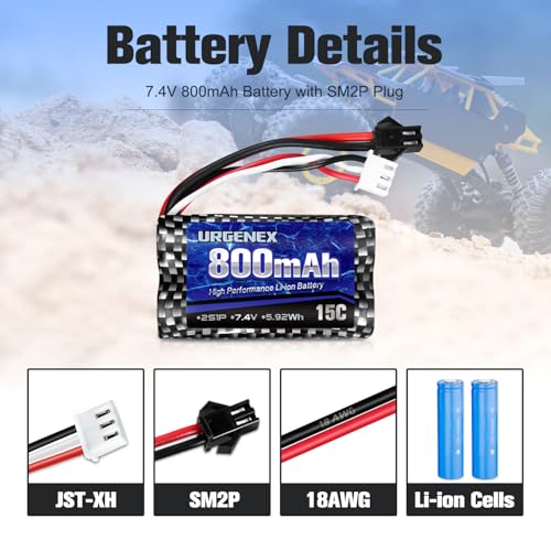 Airsoft Battery 7.4V 800mAh with SM-2P Plug 2S RC Li-ion Battery Compatible with Anstoy Gel Blaster Gun WPL MN BEZGAR RC Car Boats and Most 1/16, 1/18, 1/24 RC Trucks